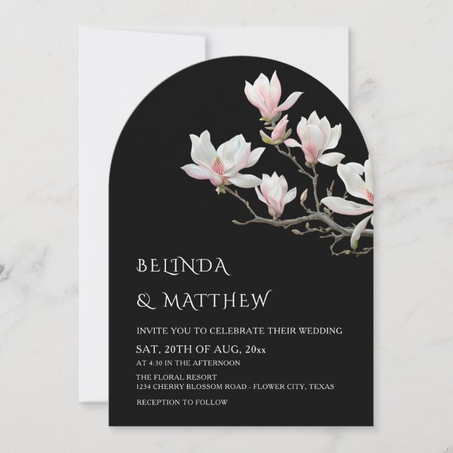 Fine Art Magnolia Casual Wedding Black Invitation (Front)