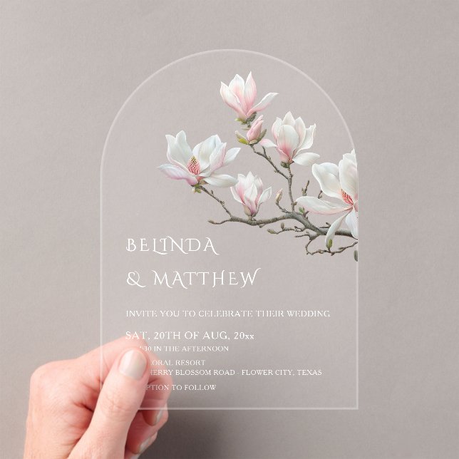 Fine Art Magnolia Clear Transparent Wedding Acrylic Invitations (Insitu (Handheld))