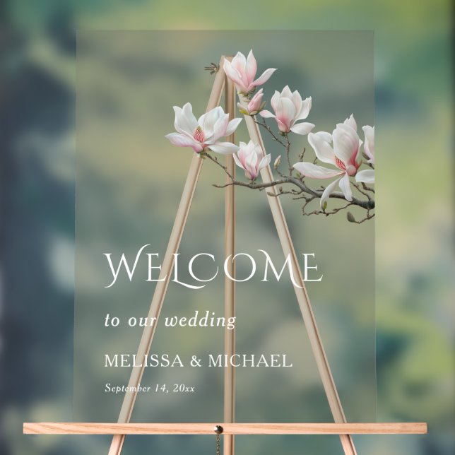 Fine Art Magnolia Transparent Wedding Welcome Acrylic Sign (Neutral)