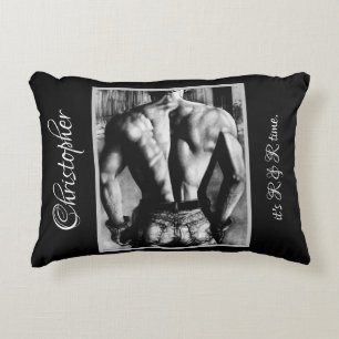 Fine Art Muscular Male Back Name Caption Black Decorative Cushion