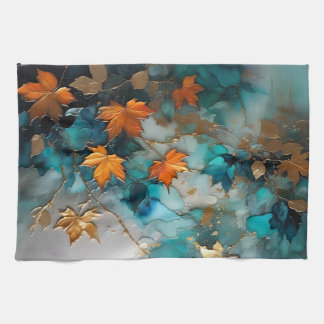 Fine art painted fall leaves tea towel