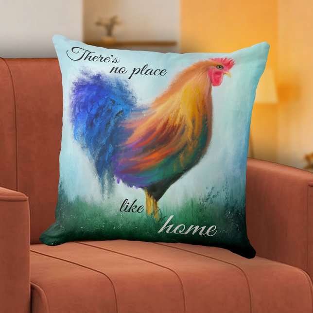 Fine Art Painted Rooster Personalised Pillow (Modern design pillow featuring an original fine art painting of a rooster in a grass field )