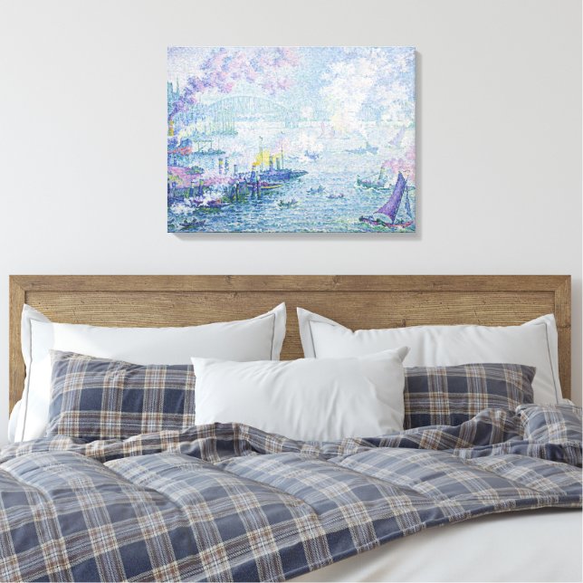 Fine Art Painting Sea Port Ships Bridge Light Blue Canvas Print (Insitu(Bedroom))