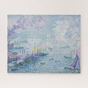 Fine Art Painting Sea Port Ships Bridge Light Blue Jigsaw Puzzle