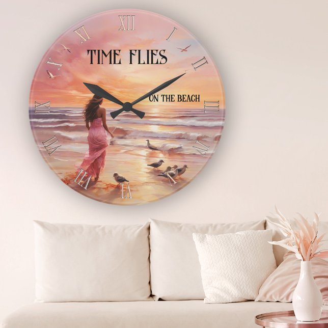 Fine Art Pink Beach Sunset Round Clock (Elegant wall clock featuring a painting of a lady on the beach at sunset in dreamy pink)