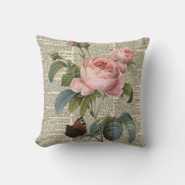 Fine art pink rose and vintage dictionary cushion (Front)