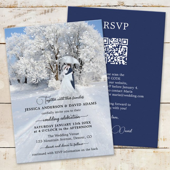 Fine Art QR Code Winter Wonderland Wedding Invitation (Wedding invitation featuring a fine art winter wonderland scenery with a couple with umbrella)