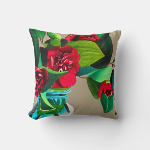 Fine Art red camellia flowers watercolor original Cushion