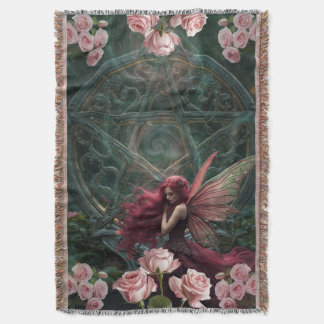 Fine Art Red Rose Floral Fairy and Pentagram Throw Blanket
