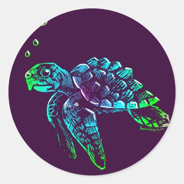 Fine Art Scratchboard Sea Turtle Classic Round Sticker (Front)