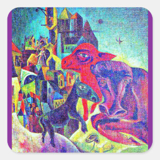 Fine Art sticker,Ernst, The City with Animals, Square Sticker
