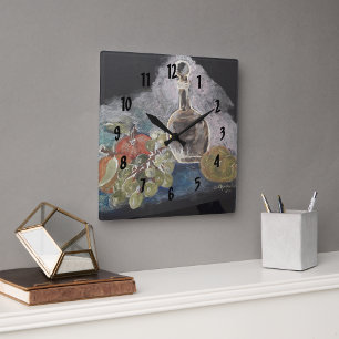 Fine art Still life with fruit and glass bottle  Square Wall Clock