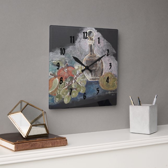 Fine art Still life with fruit and glass bottle  Square Wall Clock (Creator Uploaded)