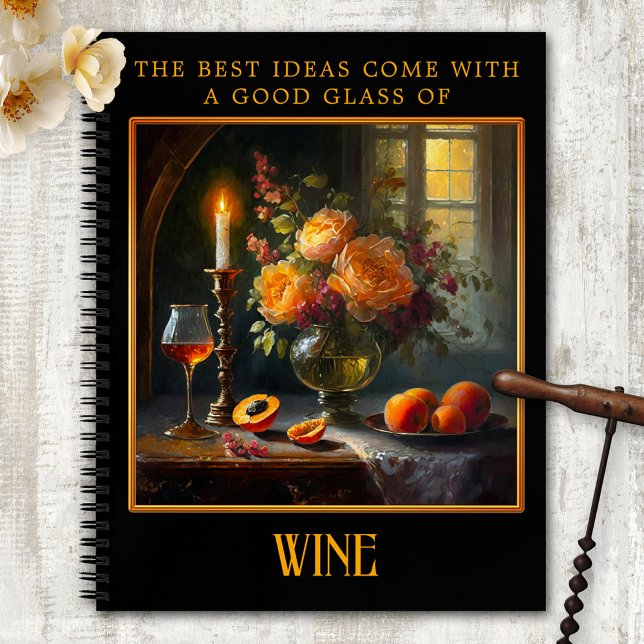 Fine Art Wine Still Life Ideas Notebook (Notebook featuring a vintage still life illustration of a glass of wine with peonies and peaches)