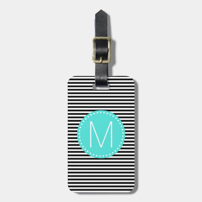 Fine Black Stripe with Turquoise Monogram Luggage Tag (Front Vertical)
