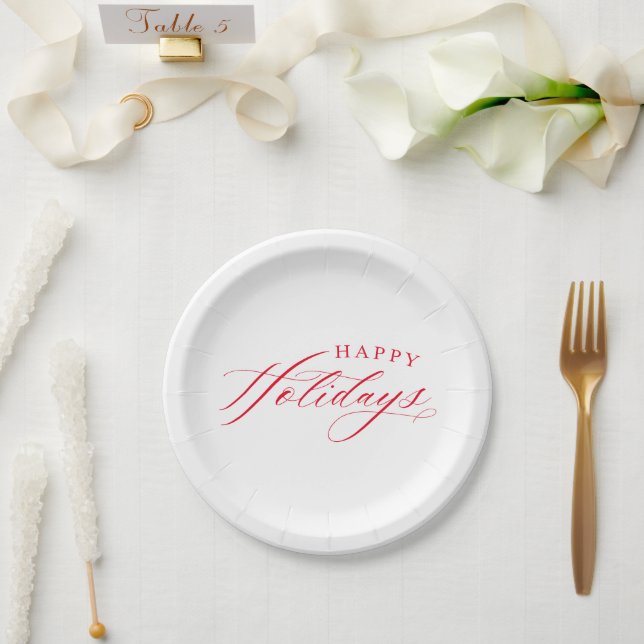 FINE CALLIGRAPHY Happy Holidays cute elegant red Paper Plate (Wedding)