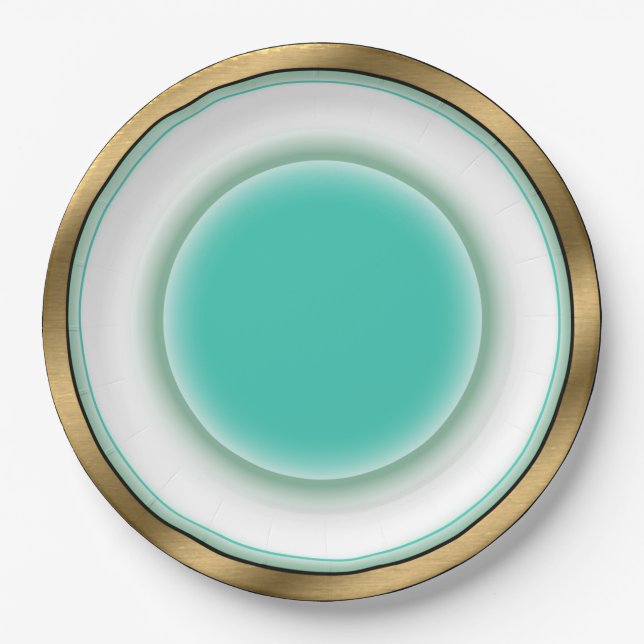 Fine China Illusion - White, Aqua, Brushed Gold Paper Plate (Front)
