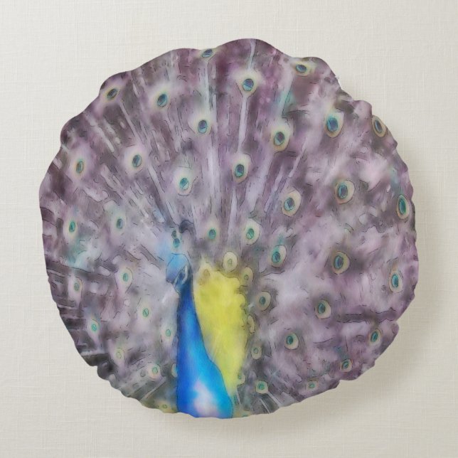 Fine Feather Peacock Mating Plumage Round Cushion (Back)