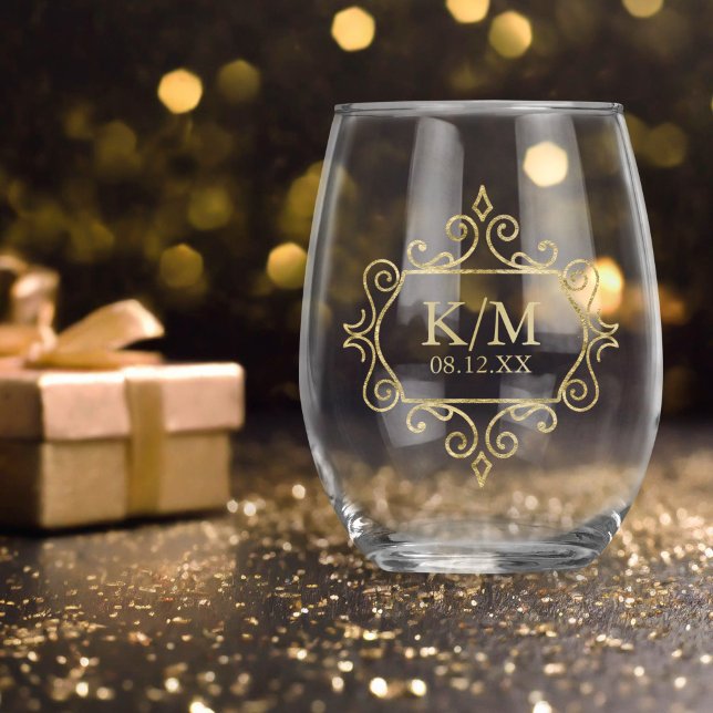 Fine Filigree Gold Wedding Initials ID871 Stemless Wine Glass (Creator Uploaded)
