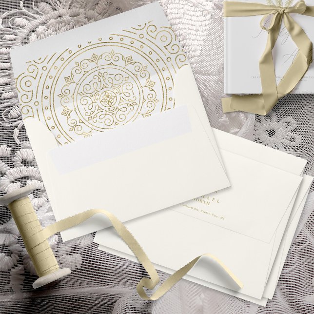 Fine Filigree Gold Wedding Ivory ID871 Envelope (Interior/Back In Situ)