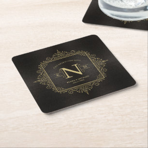 Fine Filigree Gold Wedding Monogram ID871 Square Paper Coaster
