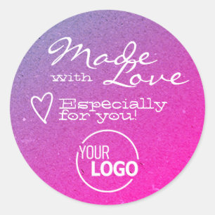 Fine Glittery Pink Ombre Made with Love Heart Logo Classic Round Sticker