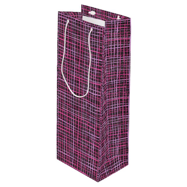 Fine lines Chequered pattern C09.pink on Black BG Wine Gift Bag (Front Angled)