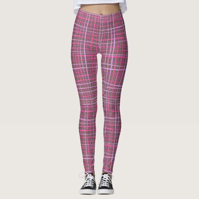 Fine lines Chequered pattern C09.pink on Brown Leggings (Front)