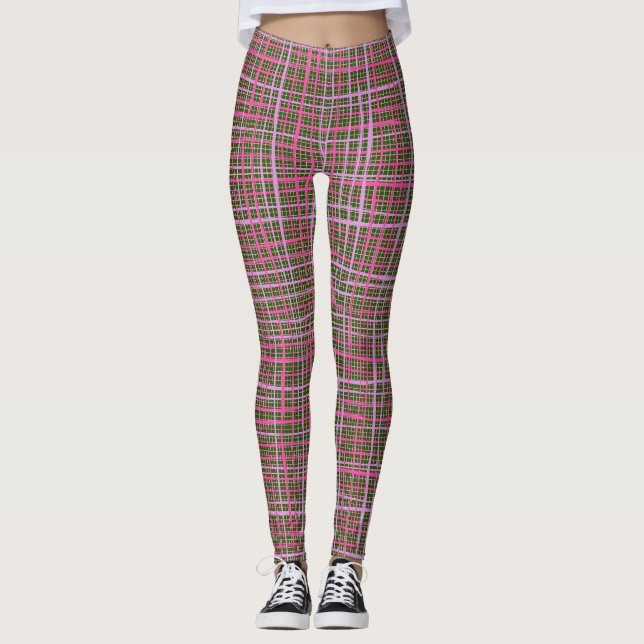 Fine lines Chequered pattern C09.pink on DGreen BG Leggings (Front)