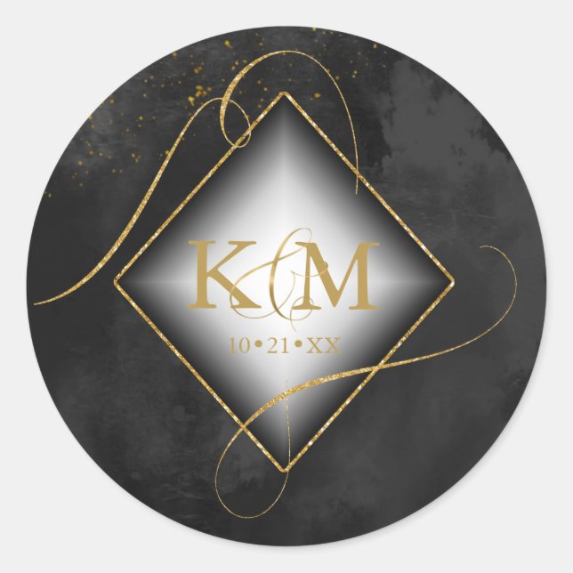 Fine Lines Gold Abstract Wedding Black ID867 Classic Round Sticker (Front)