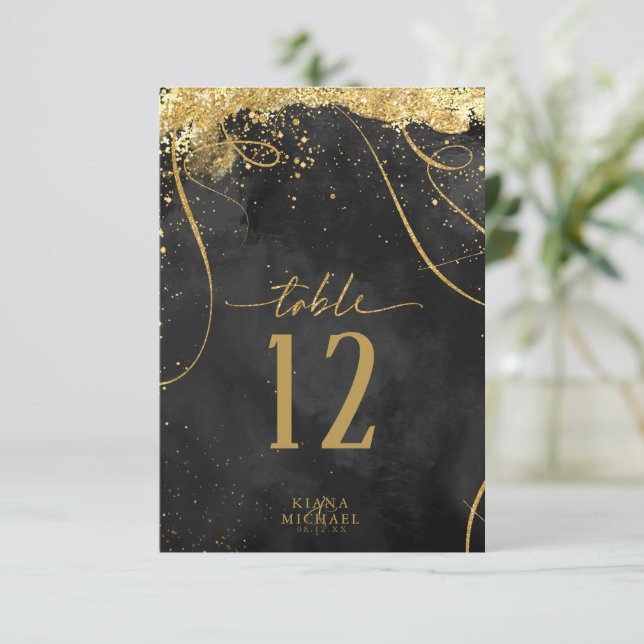 Fine Lines Gold Abstract Wedding Black ID867 Invitation (Standing Front)
