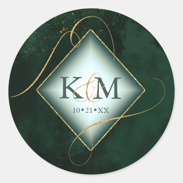 Fine Lines Gold Abstract Wedding Emerald ID867 Classic Round Sticker (Front)