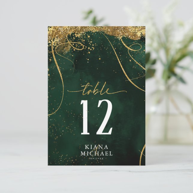 Fine Lines Gold Abstract Wedding Emerald ID867 Invitation (Standing Front)