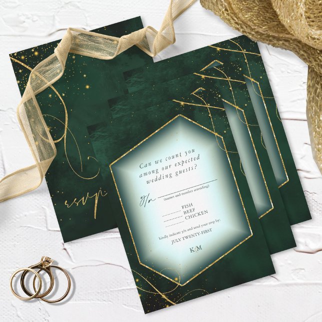 Fine Lines Gold Abstract Wedding Emerald ID867 RSVP Card (Creator Uploaded)