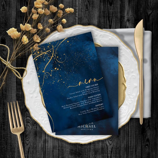 Fine Lines Gold Abstract Wedding Menu 1 Navy ID867 (Creator Uploaded)