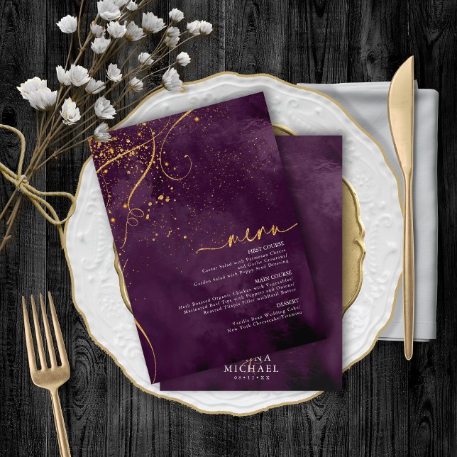 Fine Lines Gold Abstract Wedding Menu 1 Plum ID867 (Creator Uploaded)