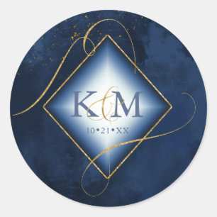 Fine Lines Gold Abstract Wedding Navy ID867 Classic Round Sticker