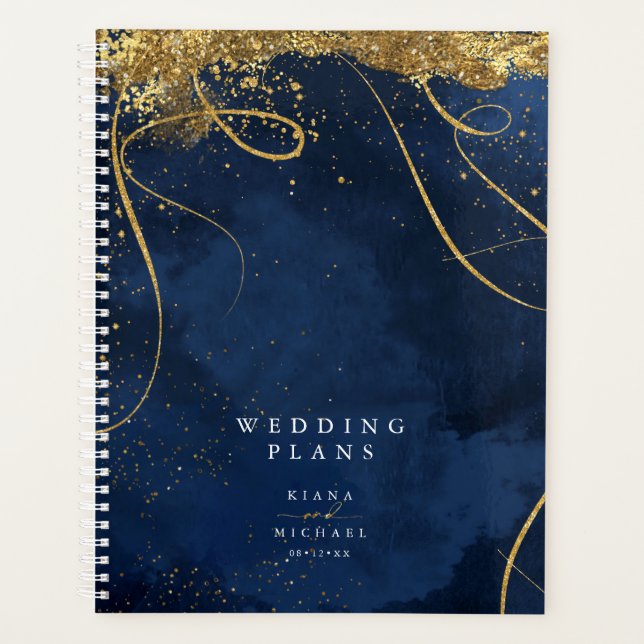 Fine Lines Gold Abstract Wedding Navy ID867 Planner (Front)