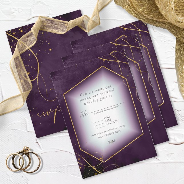 Fine Lines Gold Abstract Wedding Plum ID867 RSVP Card (Creator Uploaded)