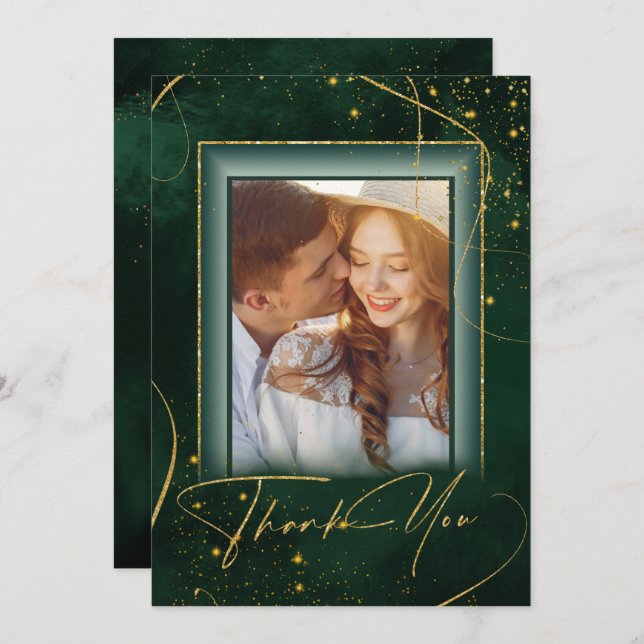 Fine Lines Gold Abstract Wedding Thanks Grn ID867 Thank You Card (Front/Back)
