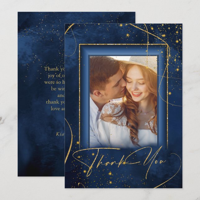 Fine Lines Gold Abstract Wedding Thanks Navy ID867 Thank You Card (Front/Back)