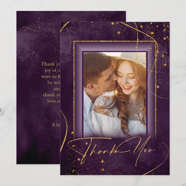 Fine Lines Gold Abstract Wedding Thanks Plum ID867 Thank You Card (Front/Back)