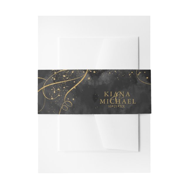 Fine Lines Gold Abstract Wedding V1 Black ID867 Invitation Belly Band (Front Example)