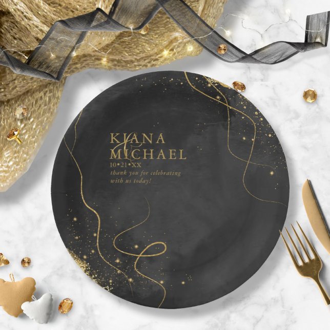 Fine Lines Gold Abstract Wedding V1 Black ID867 Paper Plate (Creator Uploaded)