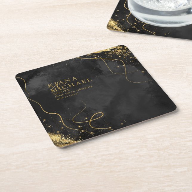 Fine Lines Gold Abstract Wedding V1 Black ID867 Square Paper Coaster (Angled)