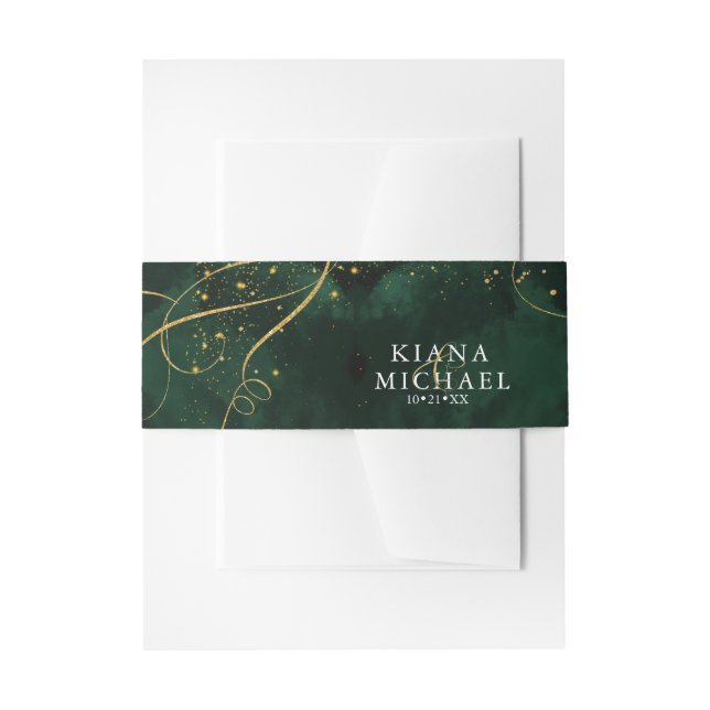 Fine Lines Gold Abstract Wedding V1 Emerald ID867 Invitation Belly Band (Front Example)