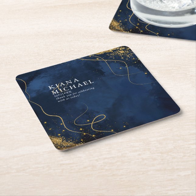 Fine Lines Gold Abstract Wedding V1 Navy ID867  Square Paper Coaster (Angled)