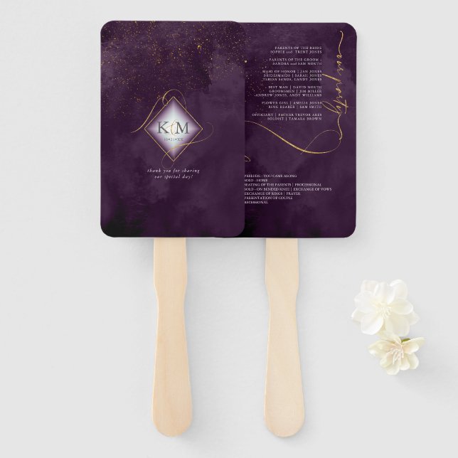 Fine Lines Gold Abstract Wedding V1 Plum ID867 Hand Fan (Front and Back)