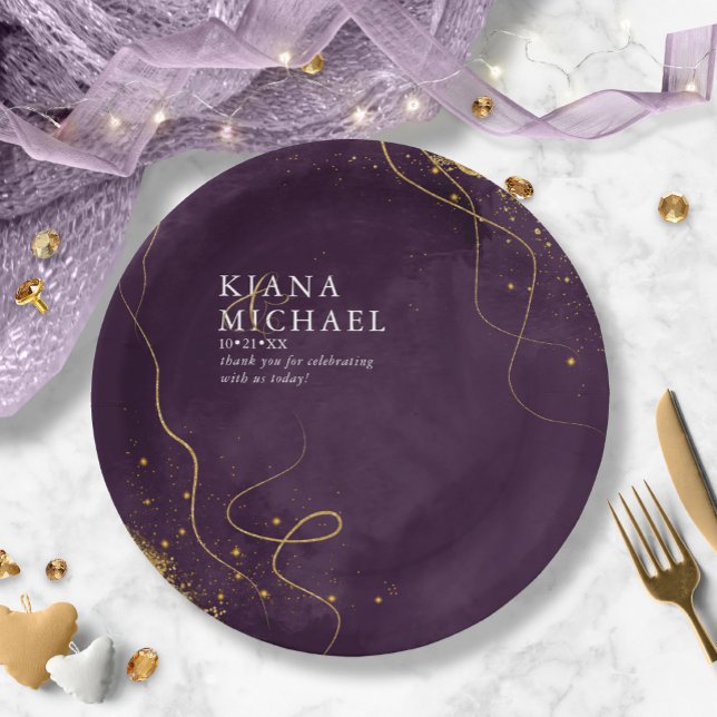 Fine Lines Gold Abstract Wedding V1 Plum ID867 Paper Plate (Creator Uploaded)
