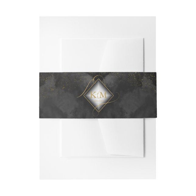 Fine Lines Gold Abstract Wedding V2 Black ID867 Invitation Belly Band (Front Example)